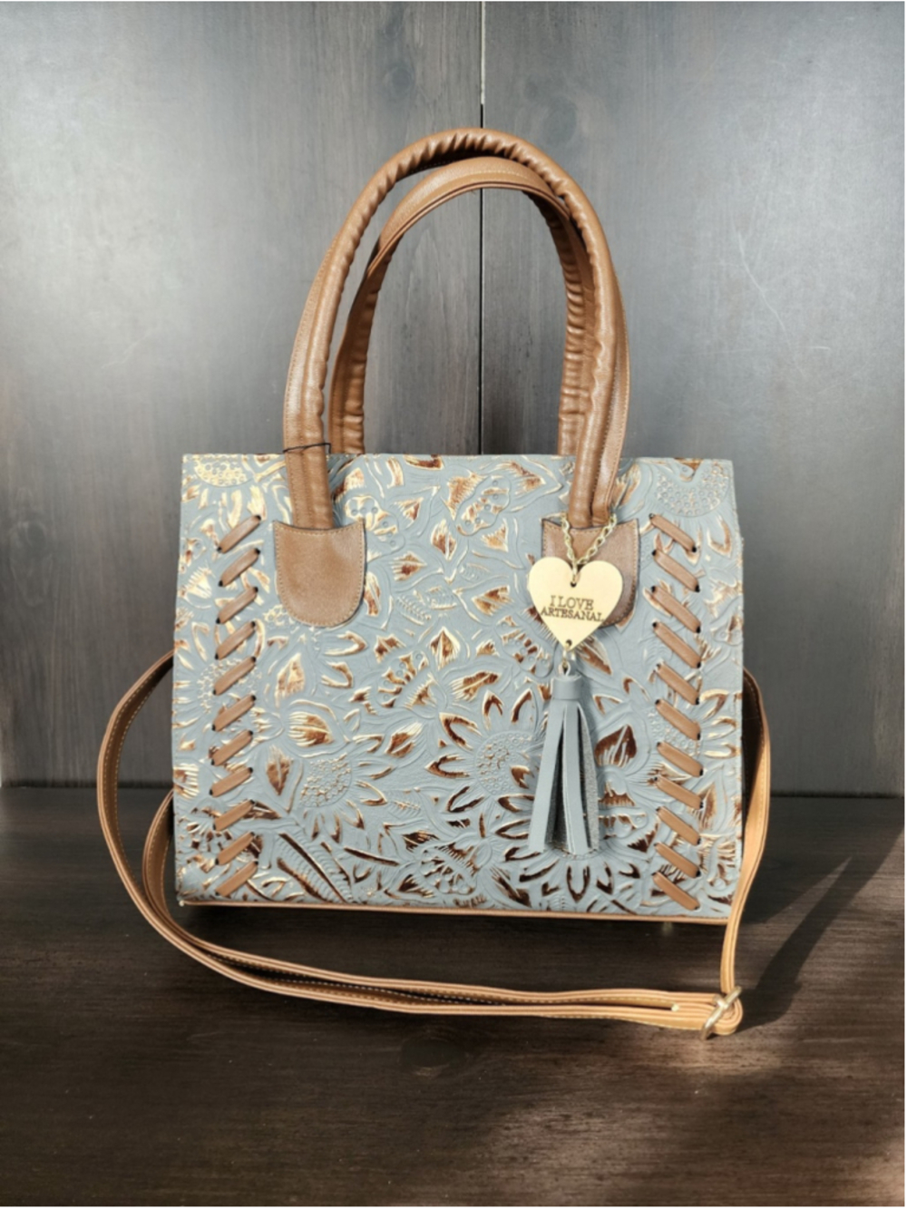Sunflowers Blue Gray Bronze Stitched Embossed Tooled Artisan LEATHER Bag Purse - Picture 13 of 16
